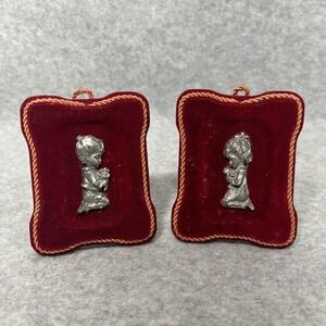 Vintage Pewter Praying Boy Girl Red Velvet Plaques Set Of 2 Mini Christian Easel